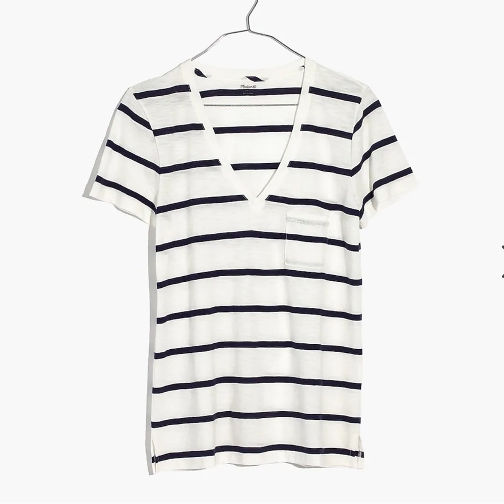 Madewell Whisper Cotton V-Neck Pocket Tee in Creston Stripe medium navy white